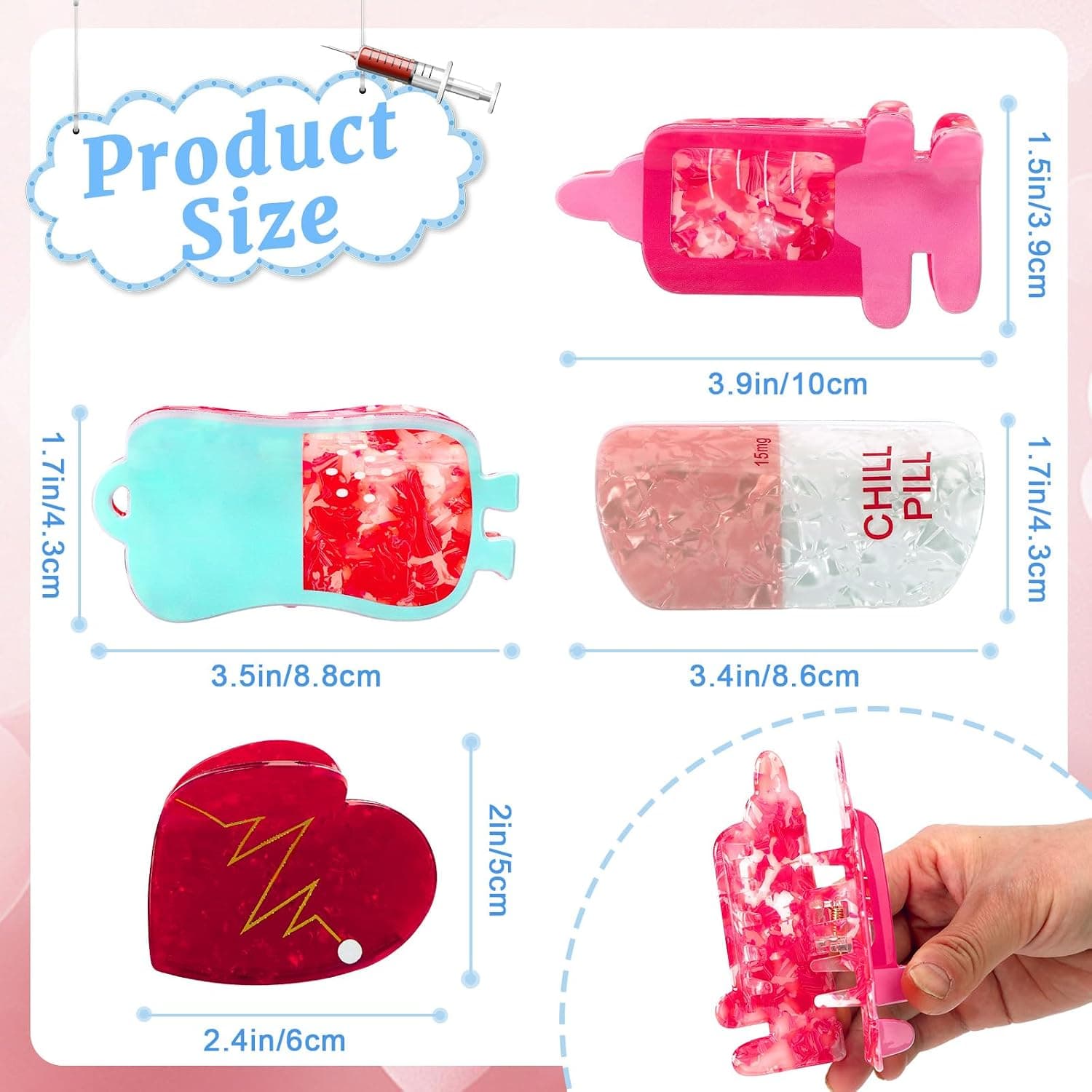 Amazon.com : ‌kaiolbly 4PCS Fun Nurse Acetate Hair Clips, Pharmacy Heart ECG IV Bag | Syringe Personalized Claw Hair Clip,Fun Summer Hair Clips for Women Travel Work Makeup : Beauty & Personal Care - Image 3