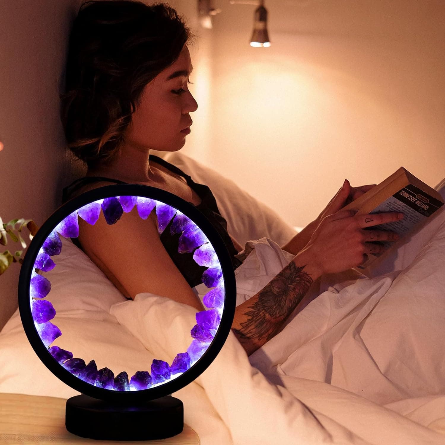 Runyangshi Amethyst Night Lamp 8.6" Natural Healing Crystal Bedside Lamp USB Port 3 Colours Dimming Mode Bedroom Lamp Suitable Night Light for Living Room Bedroom Office Home Decor Ideal Gift Amethyst Round - Image 7