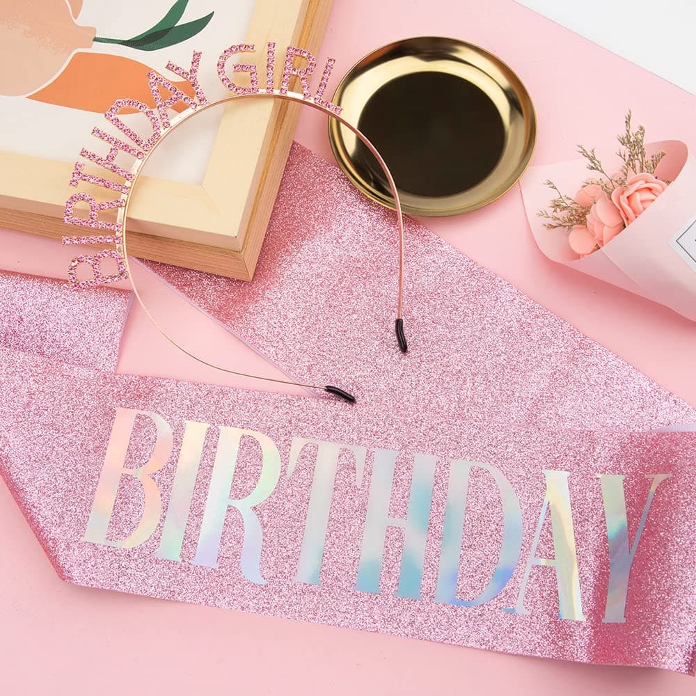 Glitter Birthday Sash, Tiara and Rhinestone Headband Set - Pink Birthday Accessories for Her Pink Glitter - Image 8