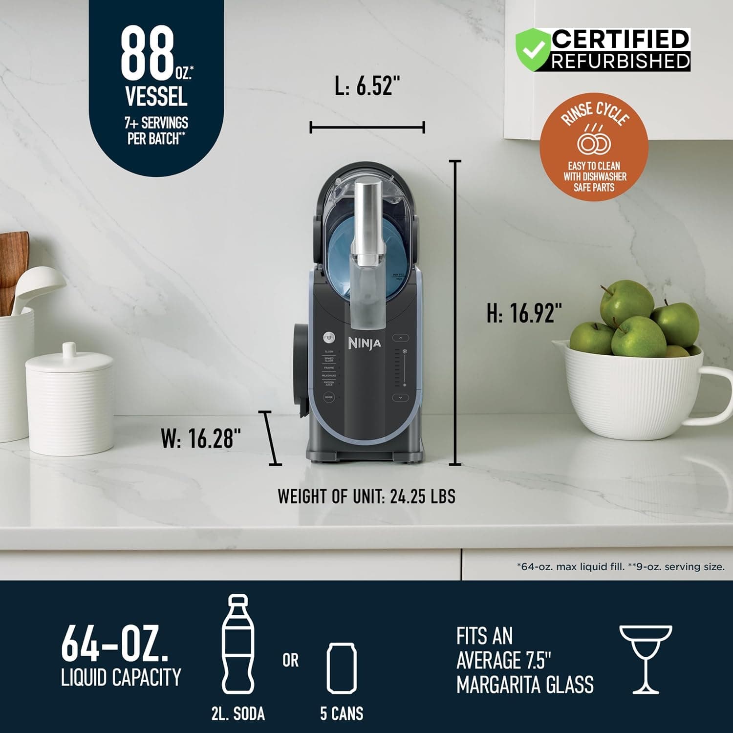 Ninja FS301 Professional Maker with RapidChill Technology, 88 oz Drink & Slushie Machine, 5 Preset Programs, Frozen Margaritas, Frappés, and More, Premium Accents, Black (Renewed) 88 oz & 5 Presets - Image 4