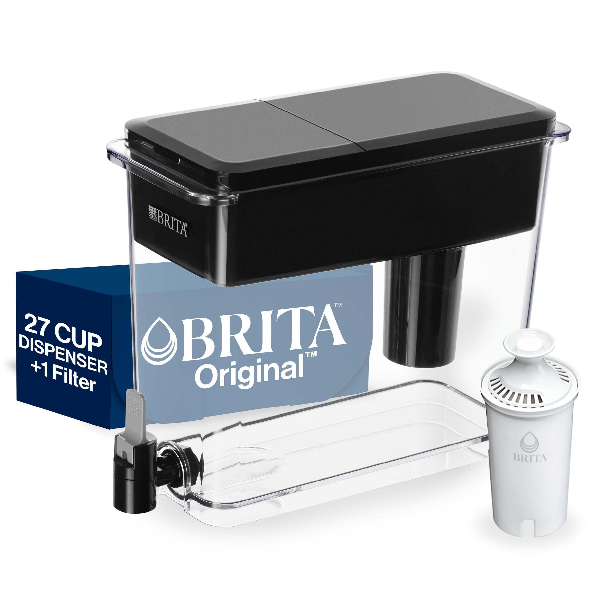 Brita UltraMax Large Water Dispenser With Standard Filter, BPA-Free, Reduces Copper, Cadmium and Mercury Impurities, Lasts 2 Months or 40 Gallons, Includes 1 Filter, Kitchen Accessories, Large 27-Cup Black Standard