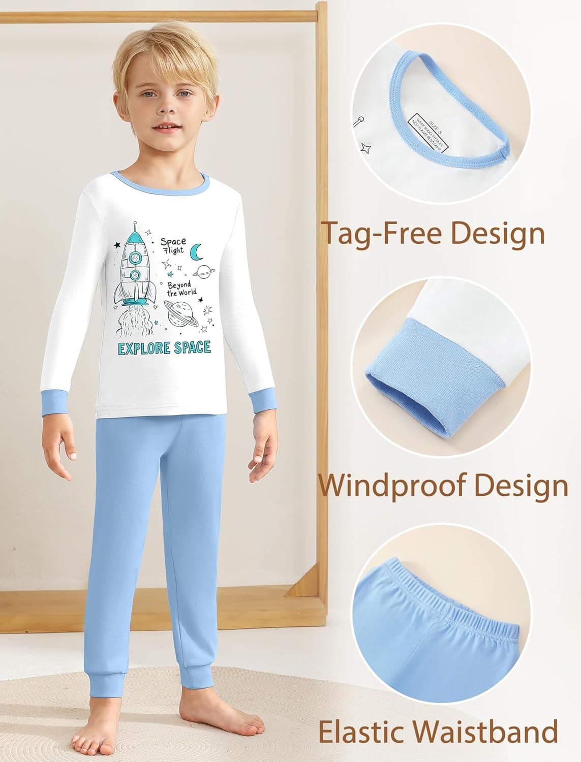 Mikrdoo Boys Pajamas 4-Piece Set Long Sleeve Cotton Stretch Breathable & Soft Snug Fit Sleepwear for Kids 2-12Years White&blue Spaceship 7 Years - Image 4