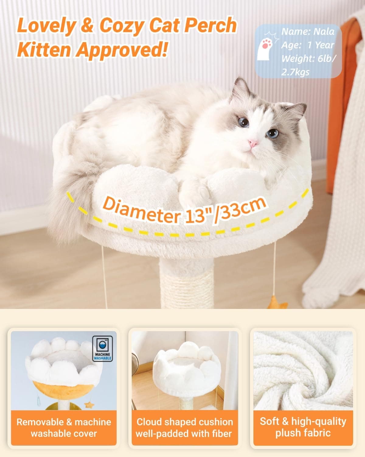 Happi N Pets Cloud Cat Tree, Cat Scratching Post with Bed, Small Cat Tree for Kittens, Cat Scratch Post with Cloud-Shaped Soft Perch & Cute Toys, Removeable Cover, Bonus Catnip 22" - Image 5