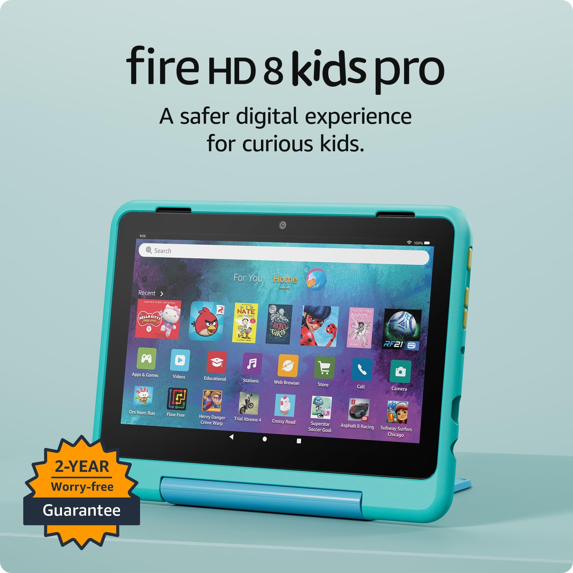 Amazon Fire HD 8 Kids Pro 平板电脑（最新型号），适合6-12岁儿童。明亮的8英寸高清屏幕，包含无广告内容，家长控制功能，