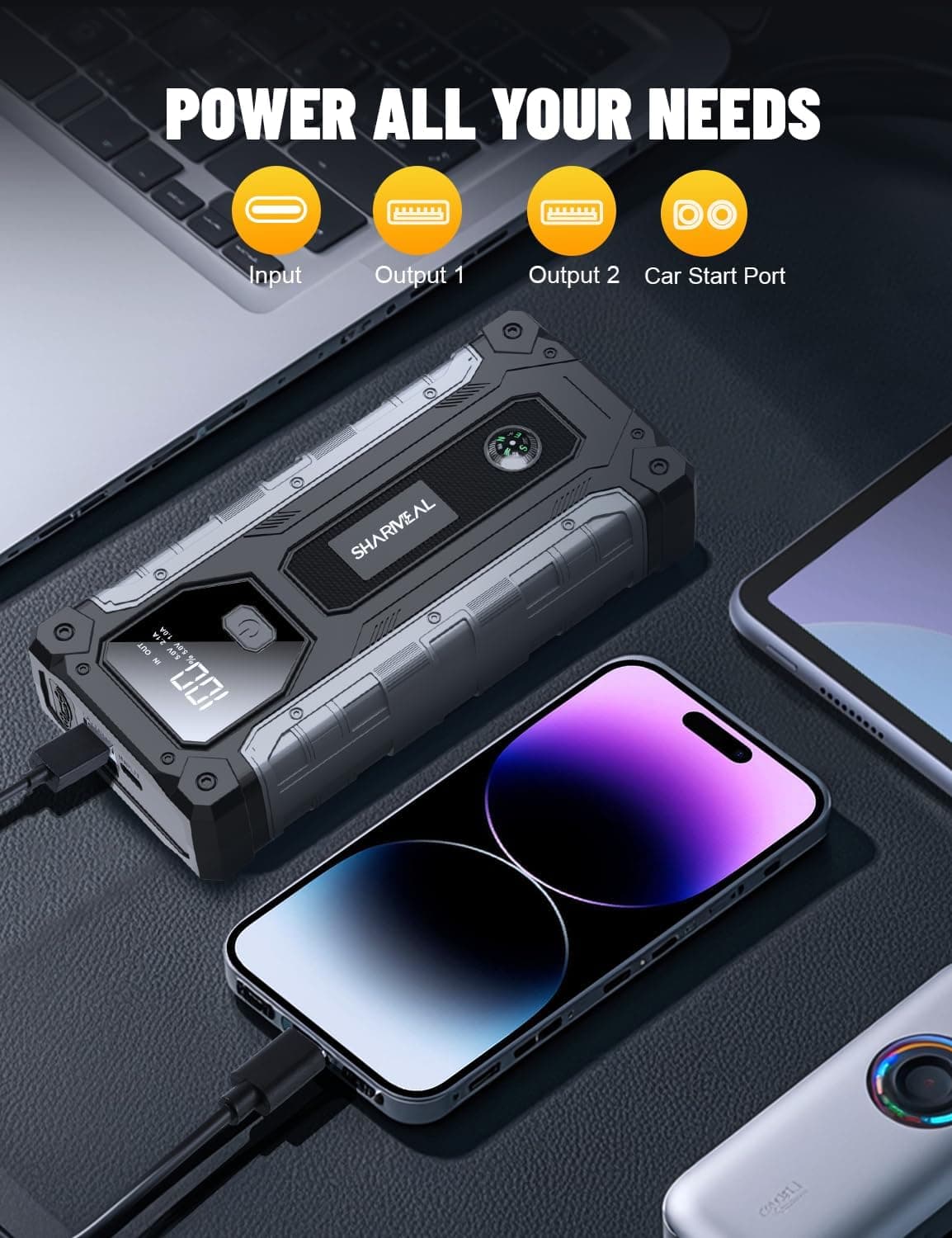 Sharmeal Arrancador de Coche 5000A, Paquete de Batería para Arranque de 10.0L Gas y 9.0L Diésel, Caja de Arranque Portátil de 12V con Luz LED - Image 3