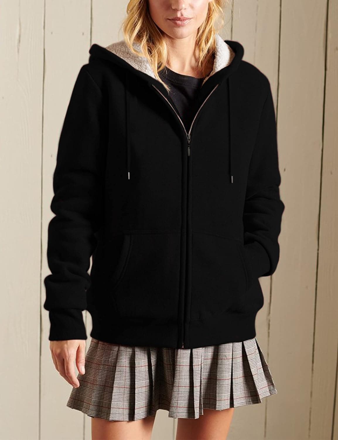 Yeokou Women's Casual Full Zip Up Sherpa Lined Hoodie Sweatshirt Jacket Coat Black X-Large - Image 3