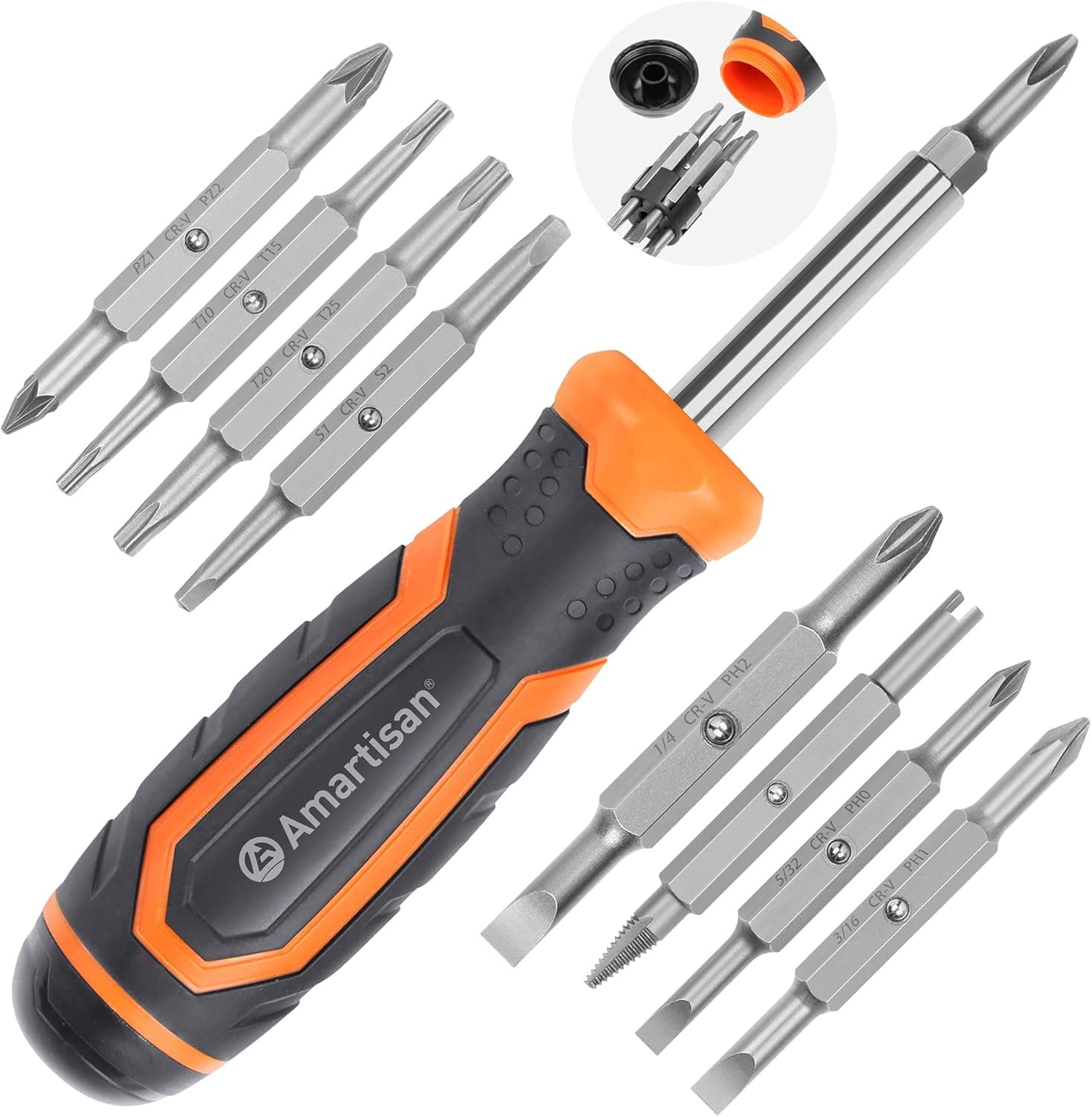 Amartisan 18-in-1 Multi-bit Screwdriver Set Tool All in One, Portable Multi-Purpose Screwdriver, Slotted/Philips/Pozi/Torx/Square,Nut Driver 18-in-1 Multi-bit Screwdriver Set Orange - Image 2