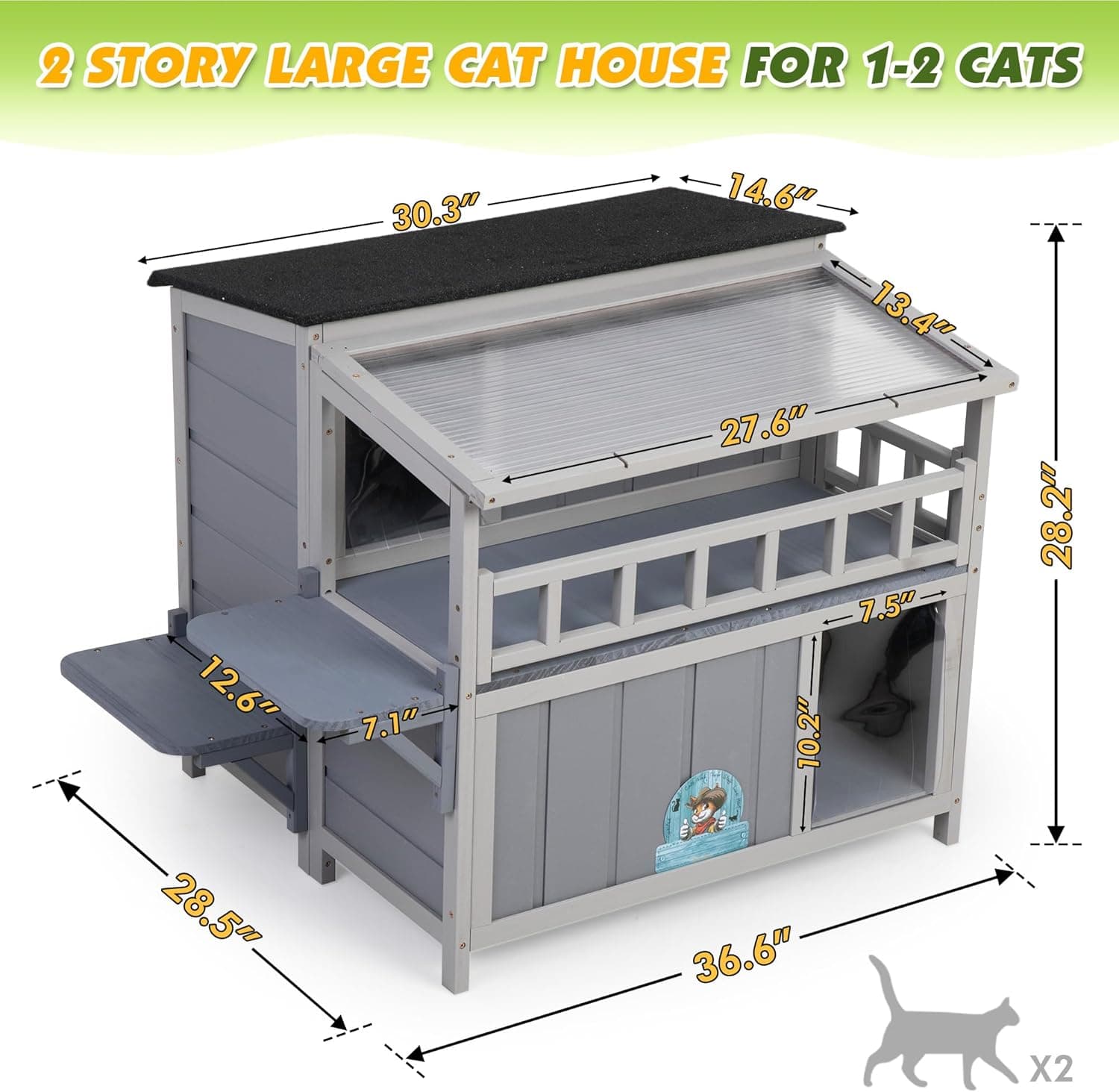Outdoor Cat House, 2-Tier Warm Wood Cat Shelter with Sunlight Roof, Balcony, Jumping Platforms, Kitty Pet Porch Enclosure, Weatherproof, Openable, Gray Gray GENERAL - Image 4