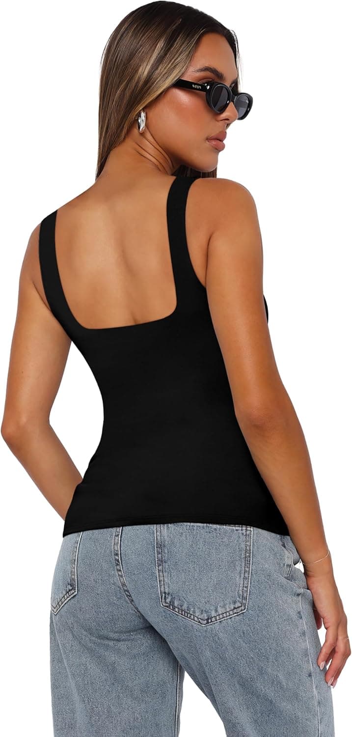 XIEERDUO Womens Square Neck Fitted Tank Tops Double Layer Seamless Slim Fit Shirts 2025 Basic Spring Summer Double Layer Tank Tops X-Large C Double Layer Tank Tops Black - Image 4