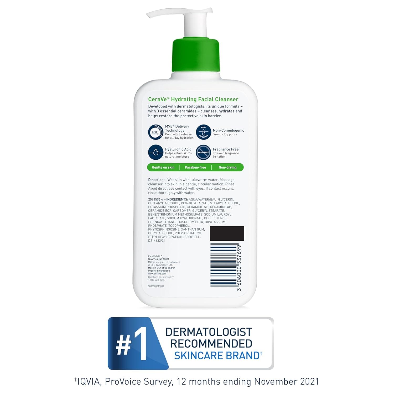 CeraVe Hydrating Facial Cleanser, Moisturizing Face Wash For Dry Skin, Hyaluronic Acid + Ceramides + Glycerin, Hydrating Cleanser For Normal To Dry Skin, National Eczema Association Certified 16 Fl Oz (Bottle) - Image 8