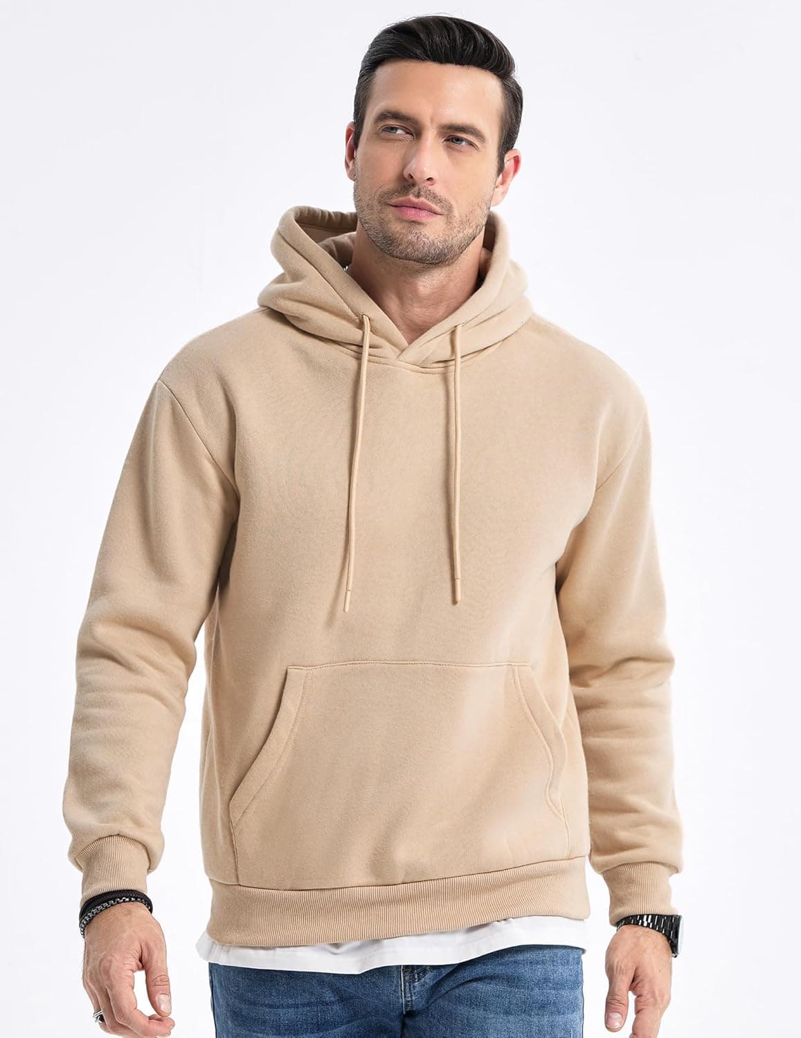 JMIERR Mens Casual Cotton Hooded Collar Drawstring Hoodies Pullover Sweatshirts Casual Long Sleeve Shirts Large Khaki - Image 9