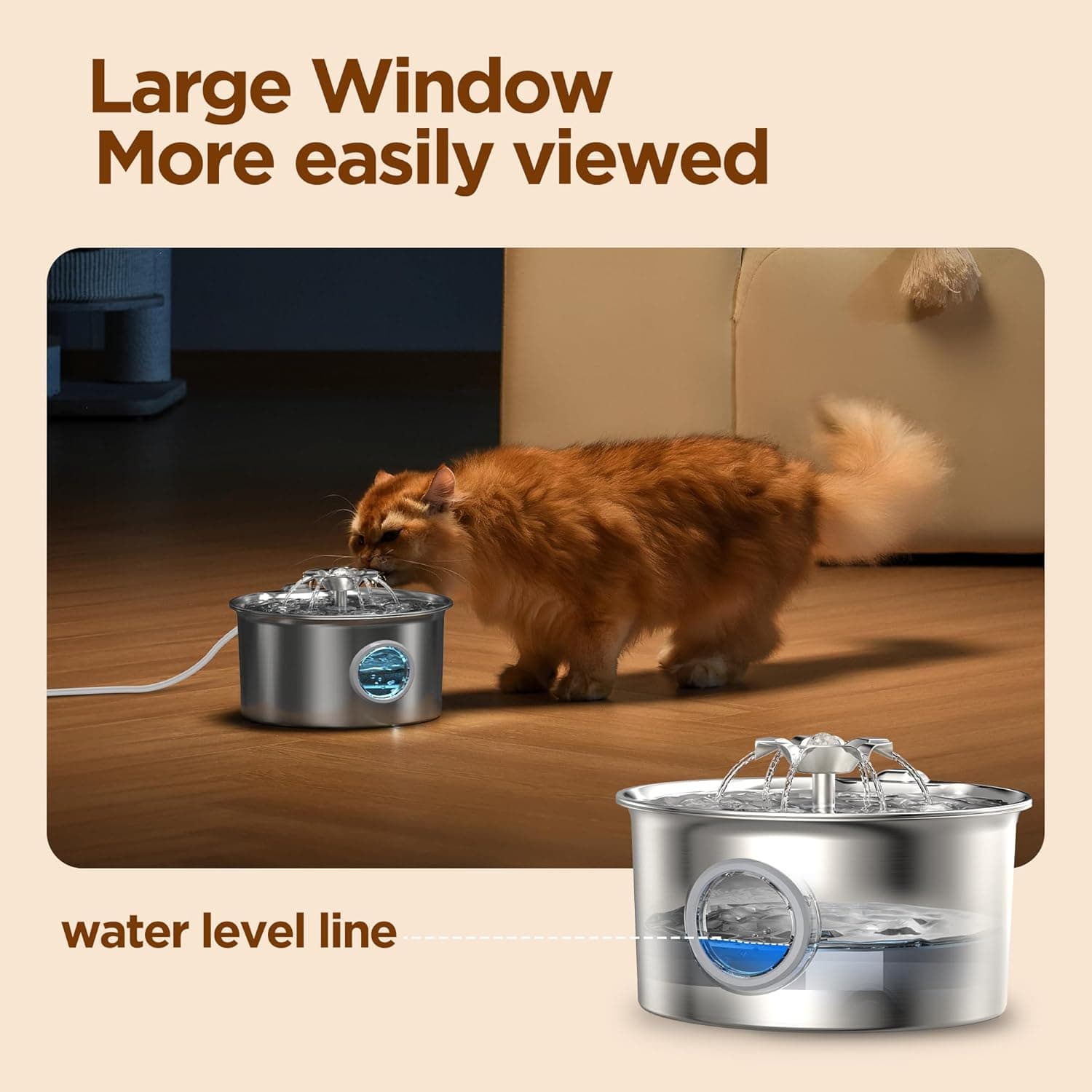Stainless Steel Cat Water Fountain: 88oz/2.6L Ultra Quiet Pet Fountain with Flower Kitty Spout & LED Blue Light Water Dispenser with Water Level Window for Cats/Dogs Indoor (Silver) - IHOUONE cat Fountain + 1 Filters & 1 Sponges - Image 7