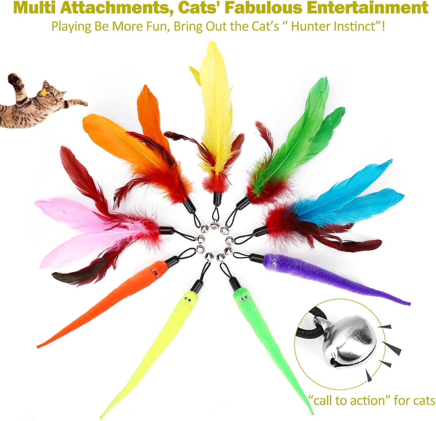 Cat Feather Toy, Retractable Cat Toys Wand 2 Wands & 9 Assorted Teaser Refills, Interactive Feather Teaser Wand Toy Bell Kitten Cat Having Fun Exerciser Playing - Image 6