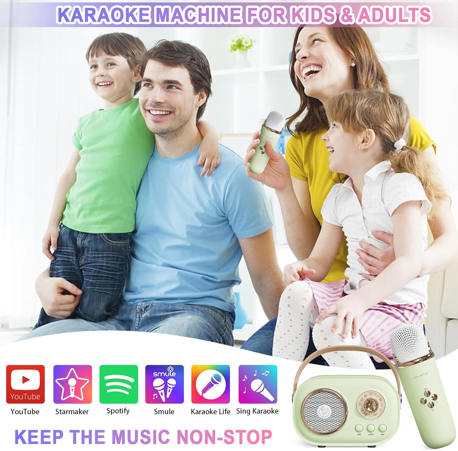 Mini Karaoke Machine,Karaoke Machine for Kids and Adults,Cute Karaoke with Microphone Set,Portable Bluetooth Speaker with Microphone,Retro Handheld Style for Family Party Meeting Singing (Green) - Image 3