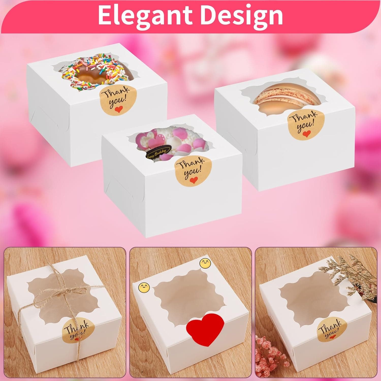 WINKIO 24pcs White Cookie Boxes, 4x4x2.5 Inches Bakery Boxes with Window, for Mini Cake Treat Dessert Pastry Donuts Macaroon Strawberries Chocolate Candy (with Stickers) white 4x4x2.5 inches 24 - Image 4