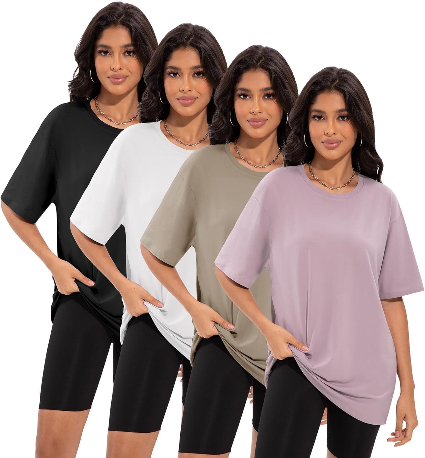 4 Pack Oversized Tshirts for Women, Loose Fit Crew Neck Summer Baggy Tops Workout Tees Plus Size T Shirts 1 Black 1 White 1 Dark Pink 1 Khaki X-Large - Image 2