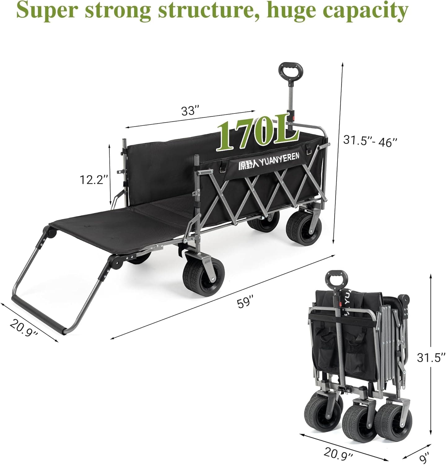Large Capacity Collapsible Wagon with Opened Tailgate, 500lbs Pulled and Pushed Heavy Duty Folding Wagon Carts, 59" Extra Long Extender Wagons, All-Terrain Big Wheels for Shopping, Sports, Camping Black - Image 3