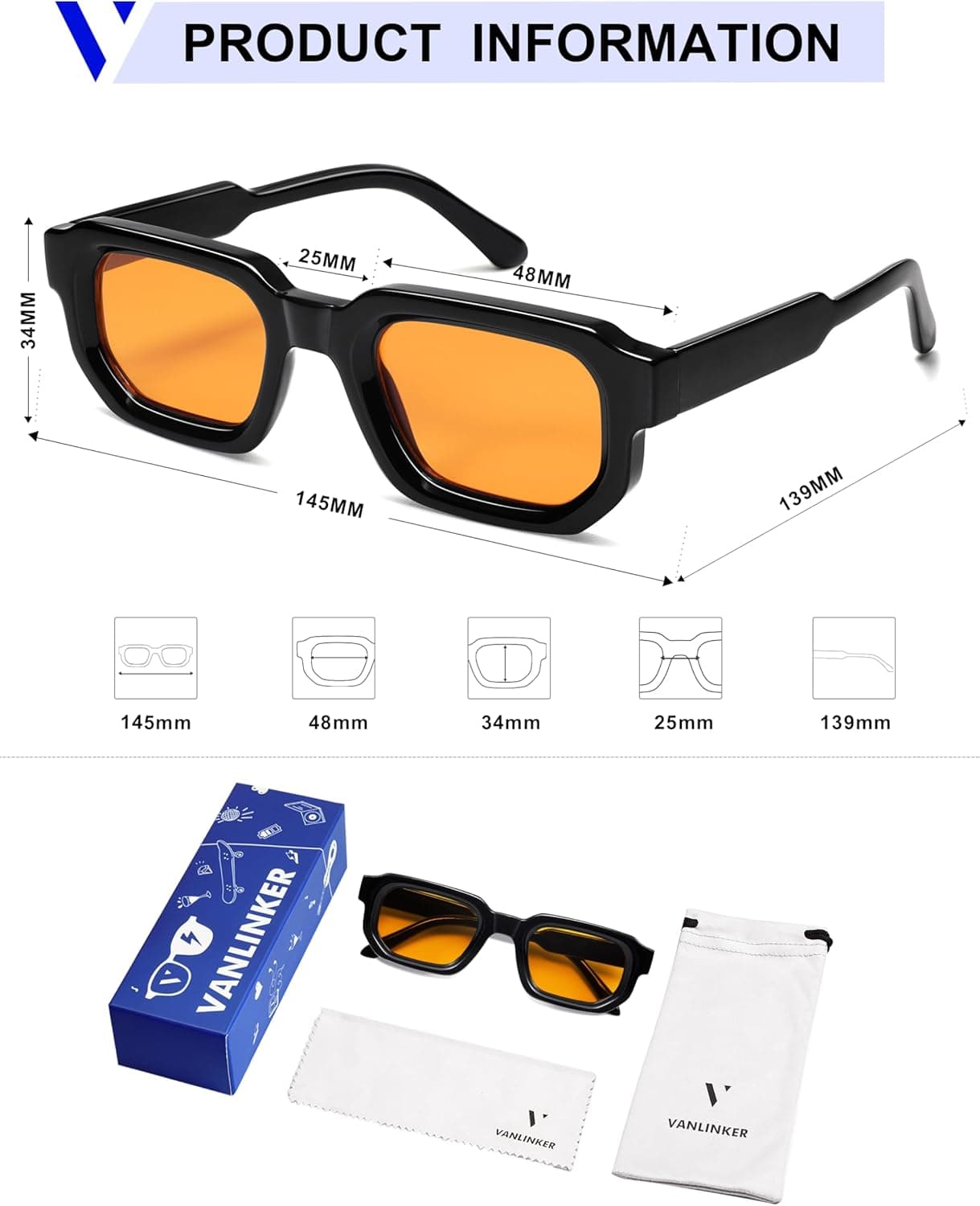 VANLINKER Retro Small Chunky Rectangle Sunglasses for Men Women Vintage Trendy Square Thick Sun Glasses VL9823 C5-orange Lens/Black Frame - Image 6
