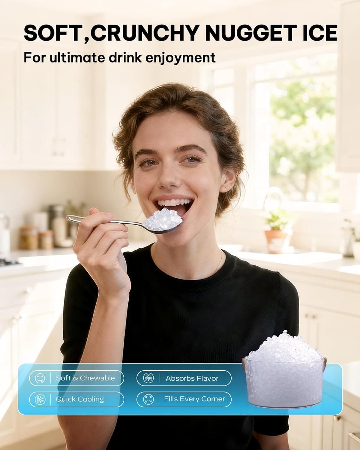 Silonn Nugget Ice Maker Countertop, Pebble Ice Makers with Crushed Soft Chewable Ice, 33lbs Per Day with Scoop, Pellet Portable Ice Machines with Auto-Cleaning for Home, Kitchen, Office, Black Gloss black 33lbs - Image 4