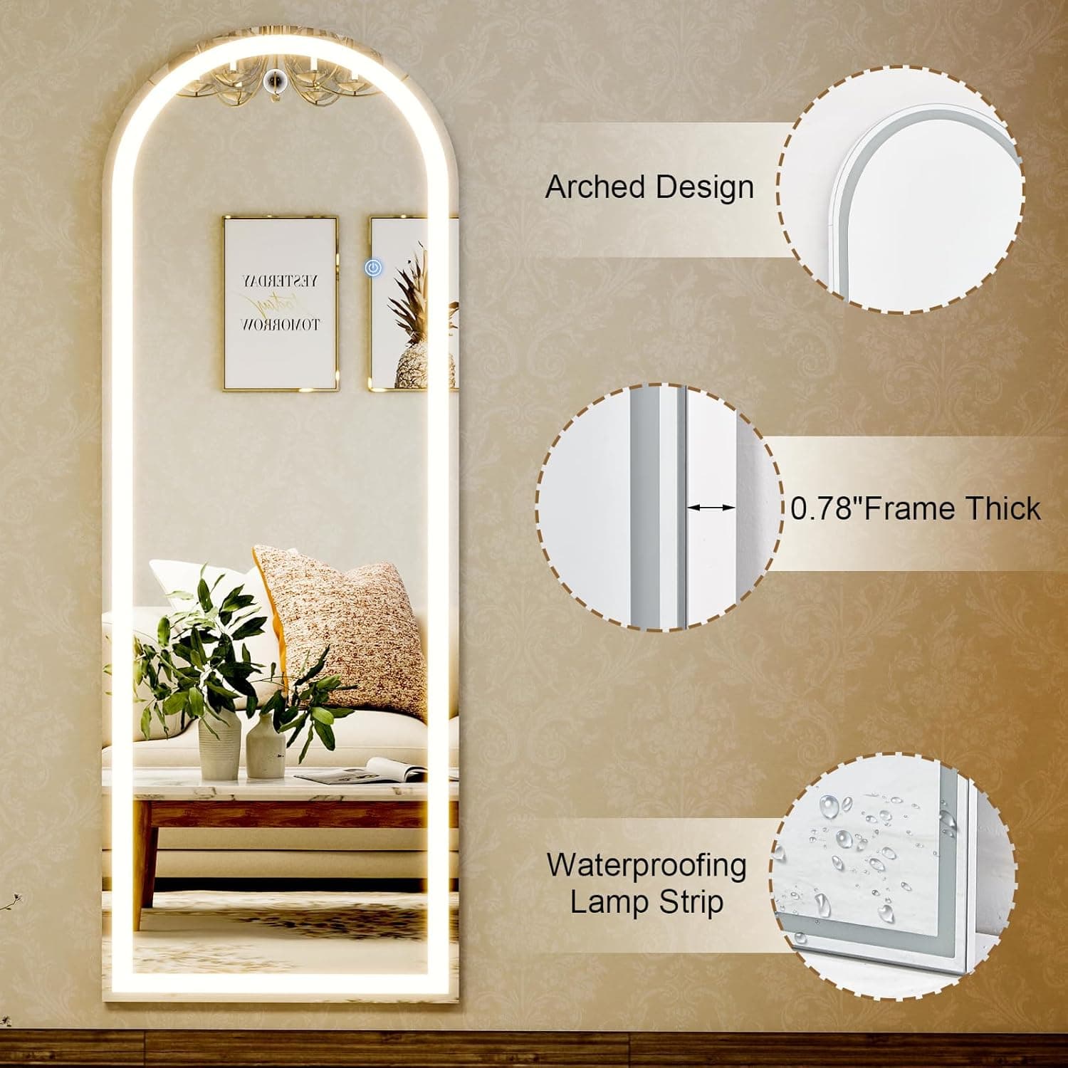 GLSLAND 20"x56" Arched LED Full Length Mirror with Lights – Wall Mounted or Standing Full Body Mirror for Bedroom/Cloakroom – Dimmable with 3 Color Lighting Modes Arched 56"L x 20"W - Image 6