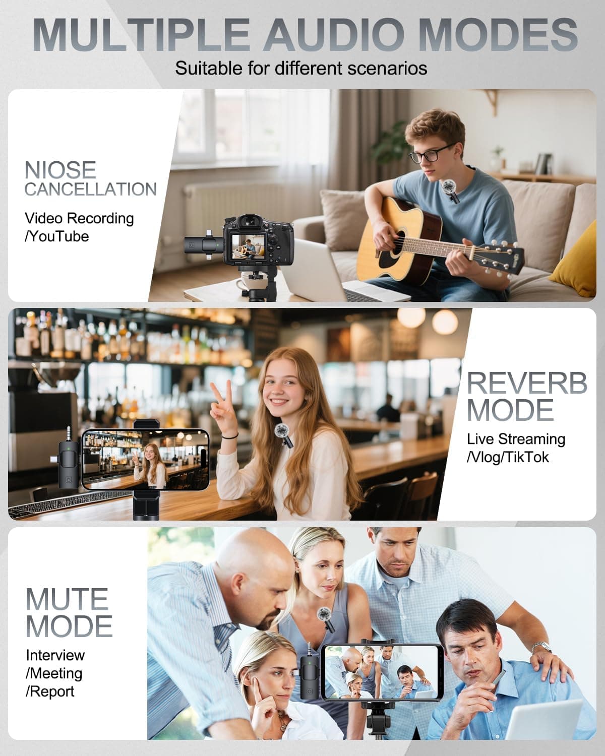 PQRQP 3 in 1 Professional Wireless Lavalier Microphone for iPhone, Android, Camera, Wireless Microphones, Mini Microphone, Crystal Clear Sound Quality for Recording, Live Streaming, Microphone Clips Elegant Black - Image 6