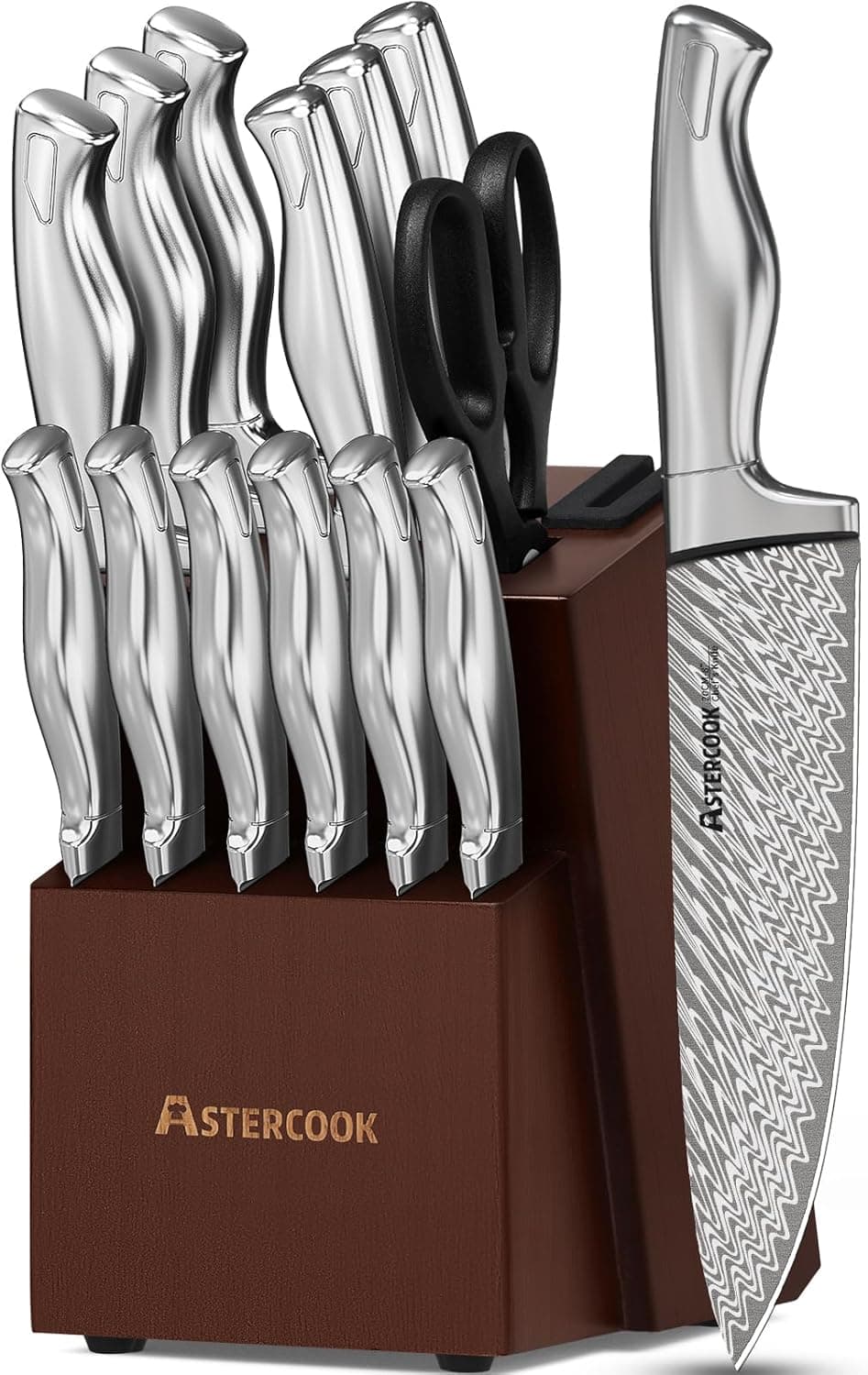 Astercook Knife Set, 15-Piece Kitchen Knife Set with Block, Built-in Knife Sharpener, German Stainless Steel Knife Block Set, Dishwasher Safe - Image 2