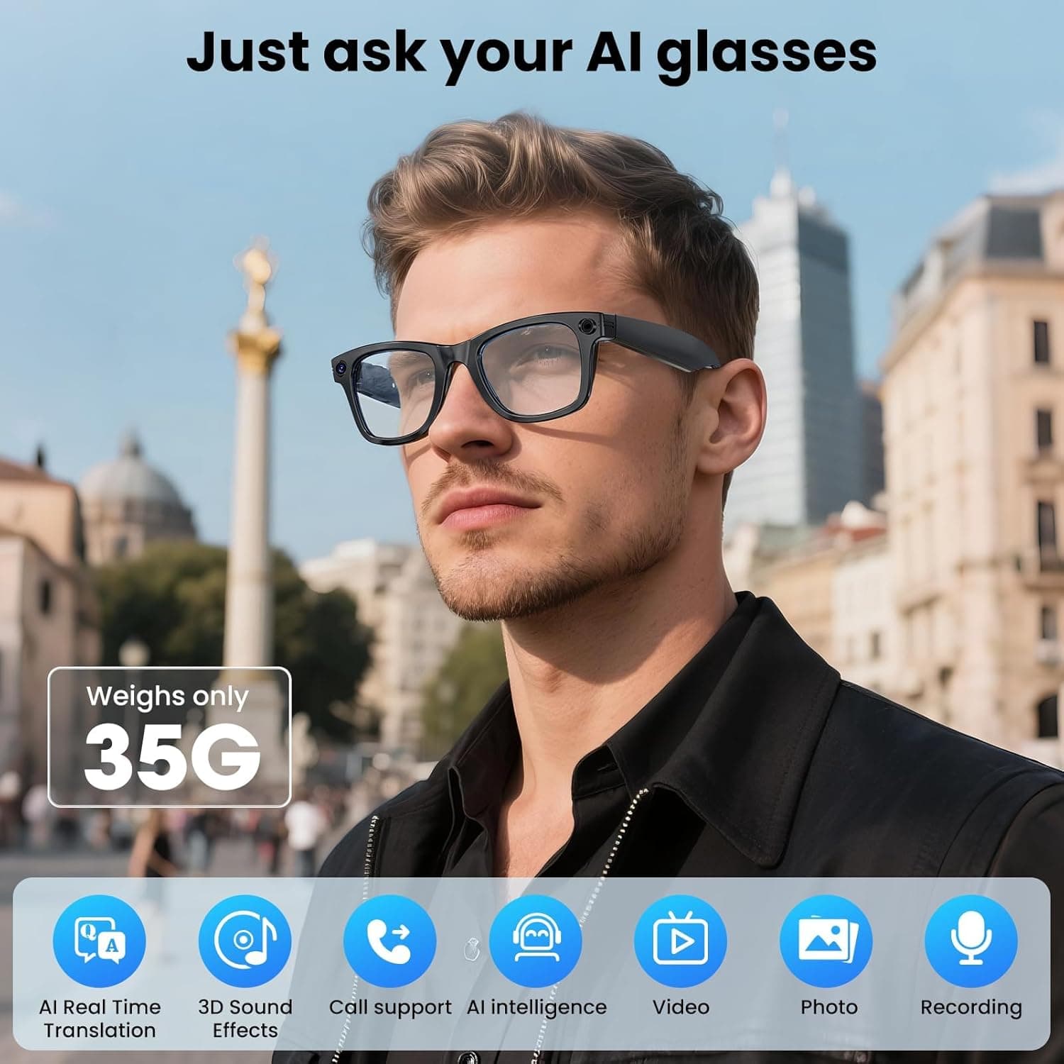 Mingtawn AI Smart Glasses 4K HD Camera, BT Call, 800W Anti-Shake Camera Glasses with Video Recording Dual Mic, Simultaneous Interpretation/GPT Identify Objects, 270mAh Blue Light Glasses（Blue） - Image 3