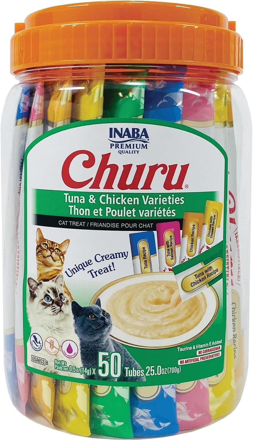 INABA Churu Cat Treats, Grain-Free, Lickable, Squeezable Creamy Purée Cat Treat/Topper with Vitamin E & Taurine, 0.5 Ounces Each Tube, 50 Tubes, Tuna & Chicken Variety Tuna and Chicken Variety 0.5 Ounce (Pack of 50) - Image 2