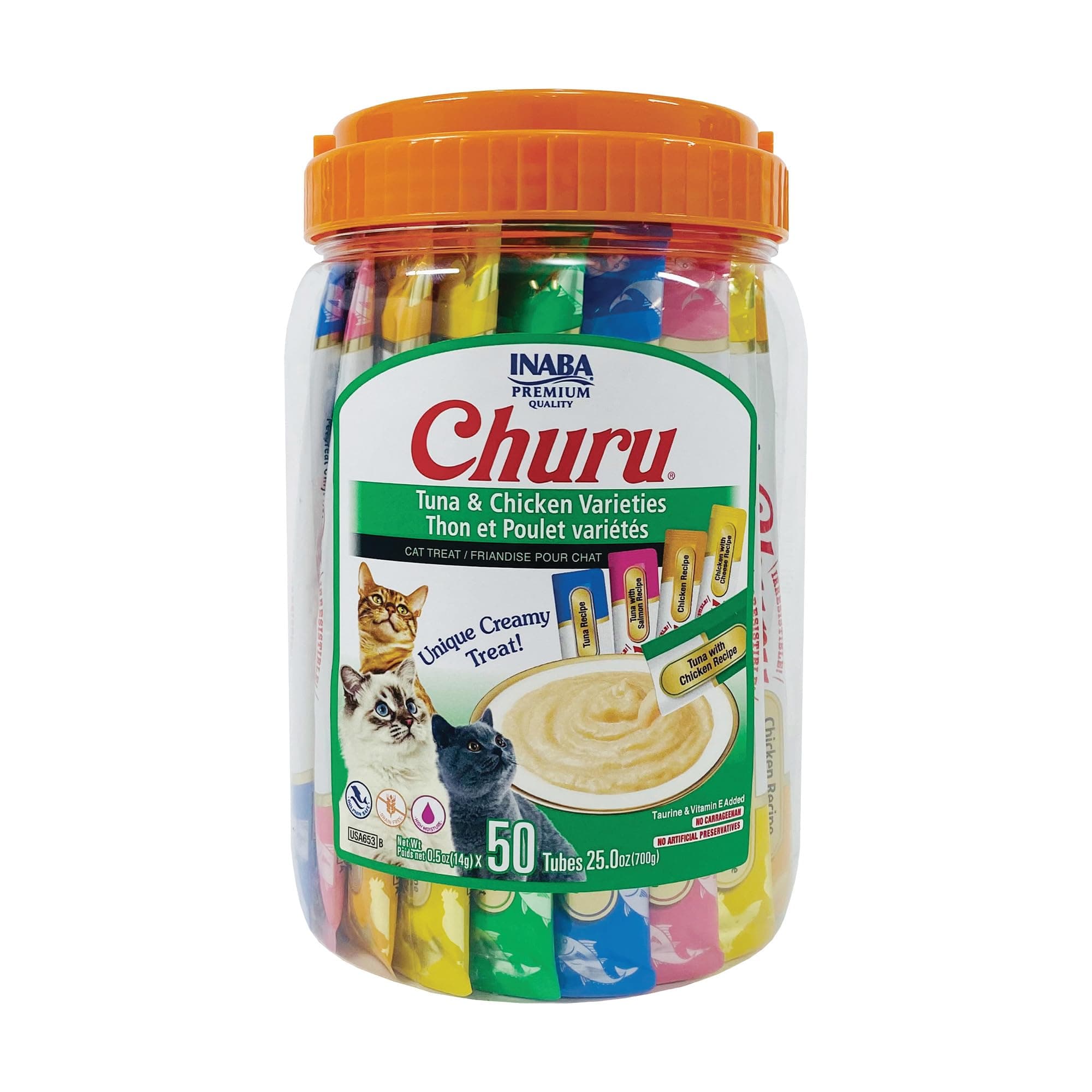 INABA Churu Cat Treats, Grain-Free, Lickable, Squeezable Creamy Purée Cat Treat/Topper with Vitamin E & Taurine, 0.5 Ounces Each Tube, 50 Tubes, Tuna & Chicken Variety Tuna and Chicken Variety 0.5 Ounce (Pack of 50)