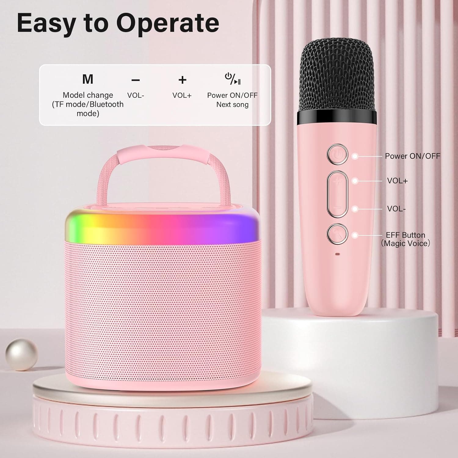 JYX Mini Karaoke Machine for Kids, Portable Bluetooth Karaoke Speaker Unpowered Cabinets with 1 Wireless Microphones and Party Lights and Adults, Birthday Gifts for Girls Boys Family Home Party(Pink) Pink-2Mic - Image 3