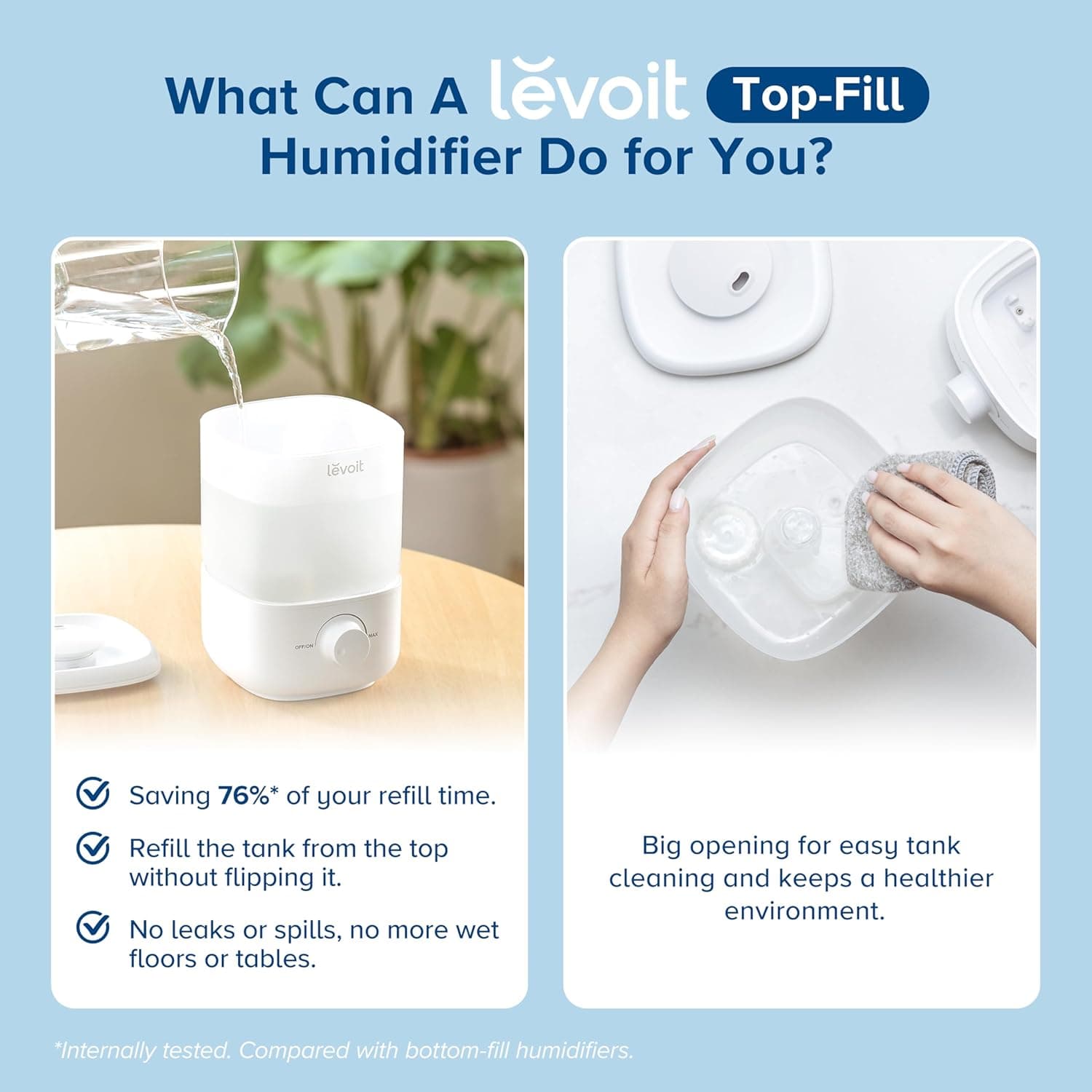 LEVOIT Top Fill Humidifiers for Bedroom, 2.5L Tank for Large Room, Easy to Fill & Clean, 28dB Quiet Cool Mist Air Humidifier for Home Baby Nursery & Plants, Auto Shut-off and BPA-Free for Safety, 25H White 2.5L Humidifier - Image 4