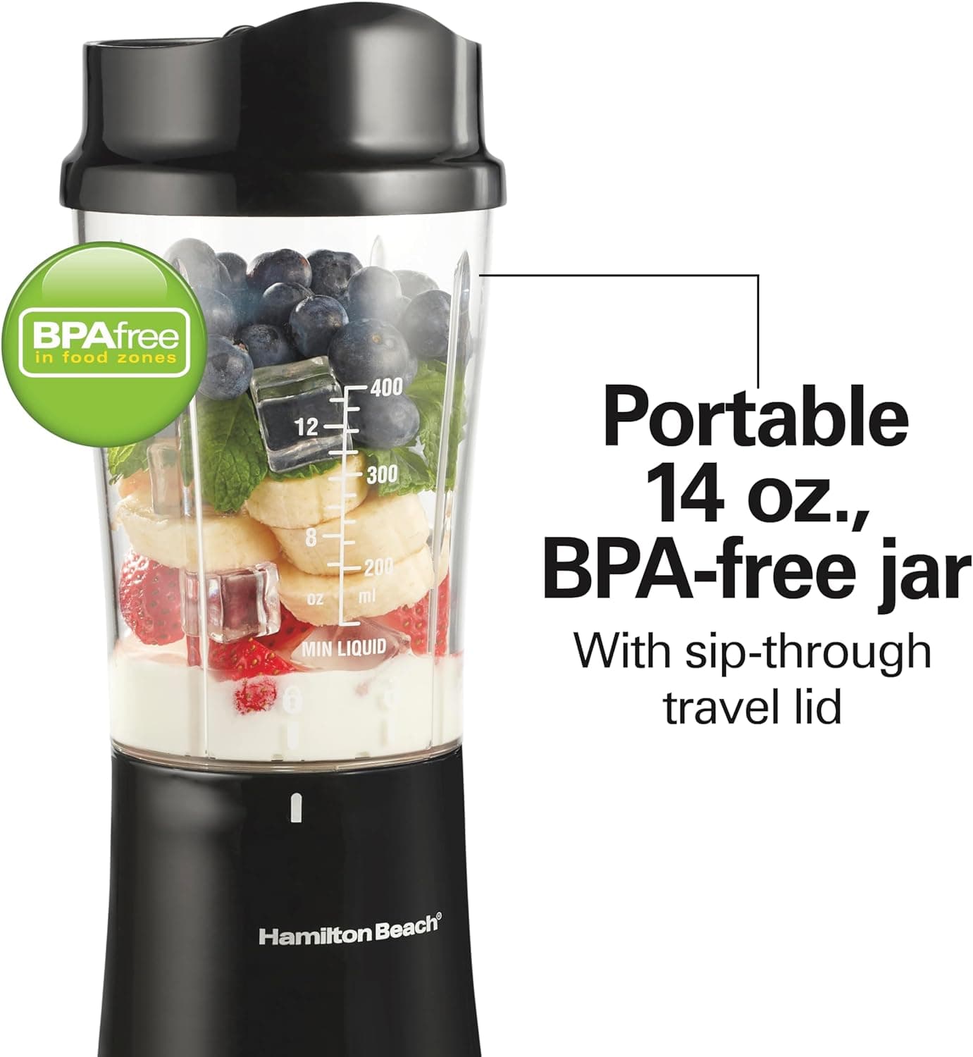 Hamilton Beach Portable Blender for Shakes and Smoothies with 14 Oz BPA Free Travel Cup and Lid, Durable Stainless Steel Blades for Powerful Blending Performance, Black (51101AG) - Image 7