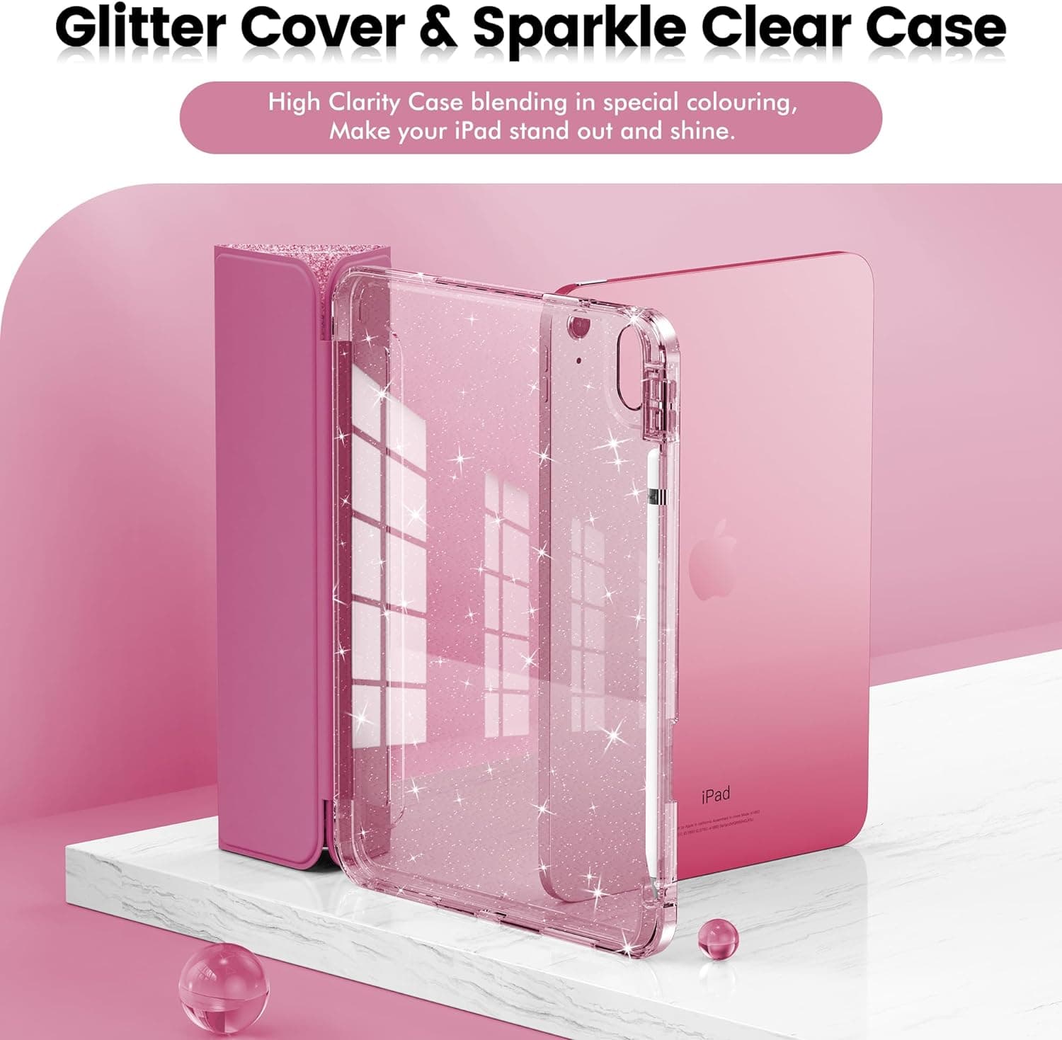 INFILAND Compatible sa iPad A16 11th Generation 11 Inch 2025 Case, iPad Case 10th Generation 10.9 Inch, Glitter Cover na may Sparkly Clear Back, Pencil Holder, para sa Mga Bata na Babae (Rose Pink) - Image 4