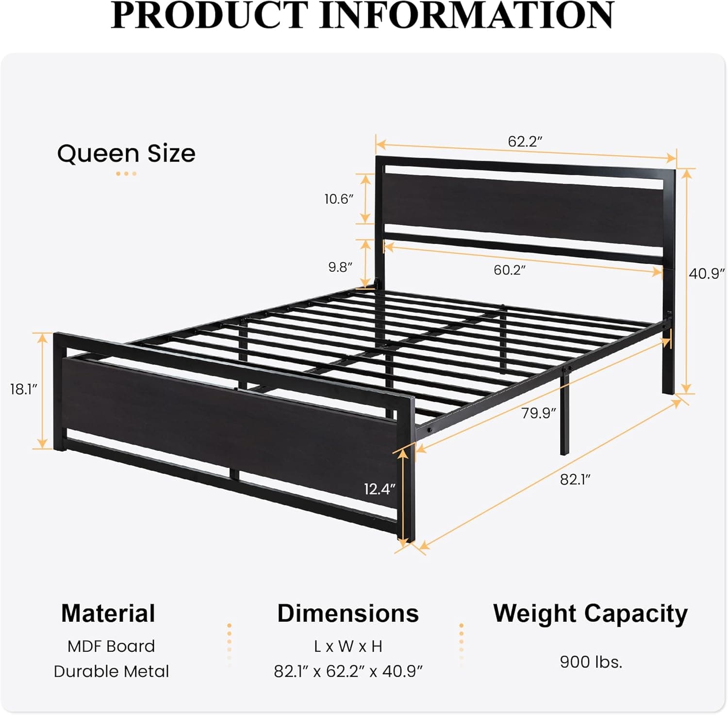 SHA CERLIN Queen Size Bed Frame with Modern Headboard, Heavy Duty Platform Metal Base with Square Footboard and 13 Strong Slats Support, No Box Spring Needed, Black Queen Black - Image 3