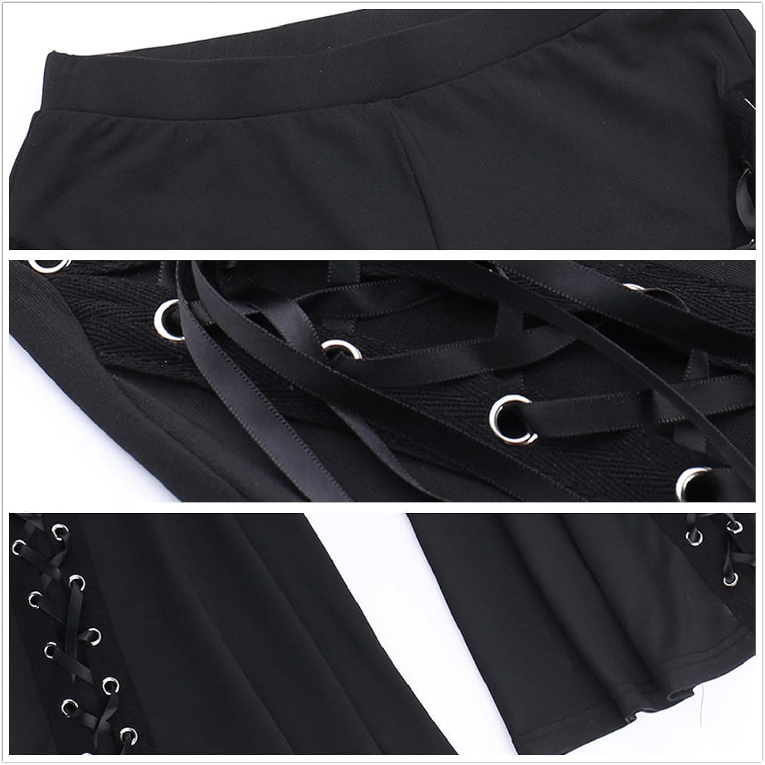 Y2k Bell Bottom Pants for Woman Gothic Black Lace-Up Cutout Stretch Punk Small Black - Image 6