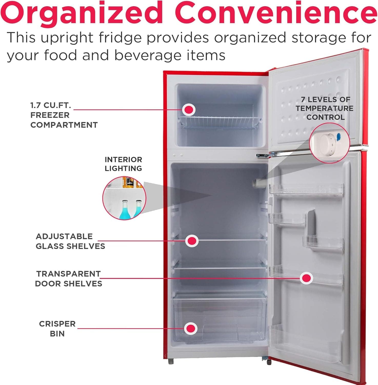 Frigidaire Retro Top Mount Upright Fridge-Freezer Combo, Apartment Size Fridge with Freezer 7.5 cu. ft. capacity - 23.2" D x 21.5" W x 55.5" H (Red) RED Double Door Fridge - Image 5