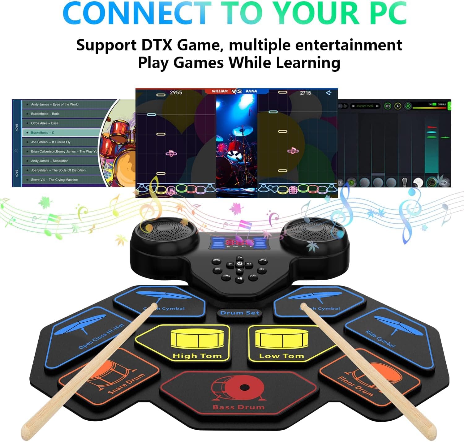 Electronic Drum Set - YUOIOYU Electric Drum Set Roll Up Portable Drum Kit MIDI Practice Drum Pad with Dual Built-in Speaker, Drum Sticks and Pedals, Christmas Birthday Gift for Kids Adult Colorful - Image 2