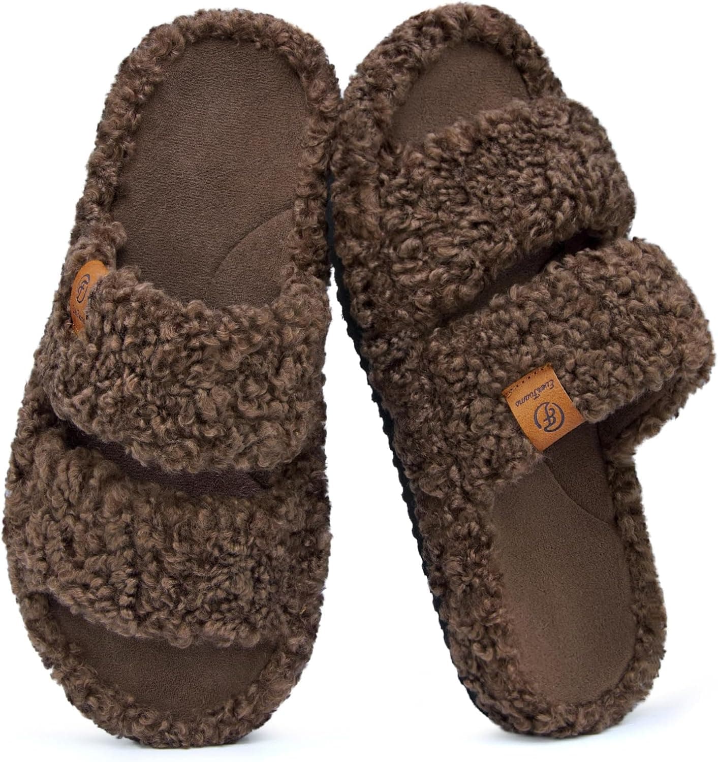 EverFoams Womens Fuzzy Open-toe Slippers Soft Comfy Memory Foam Indoor House Shoes 7-8 Elegant Mocha - Image 2