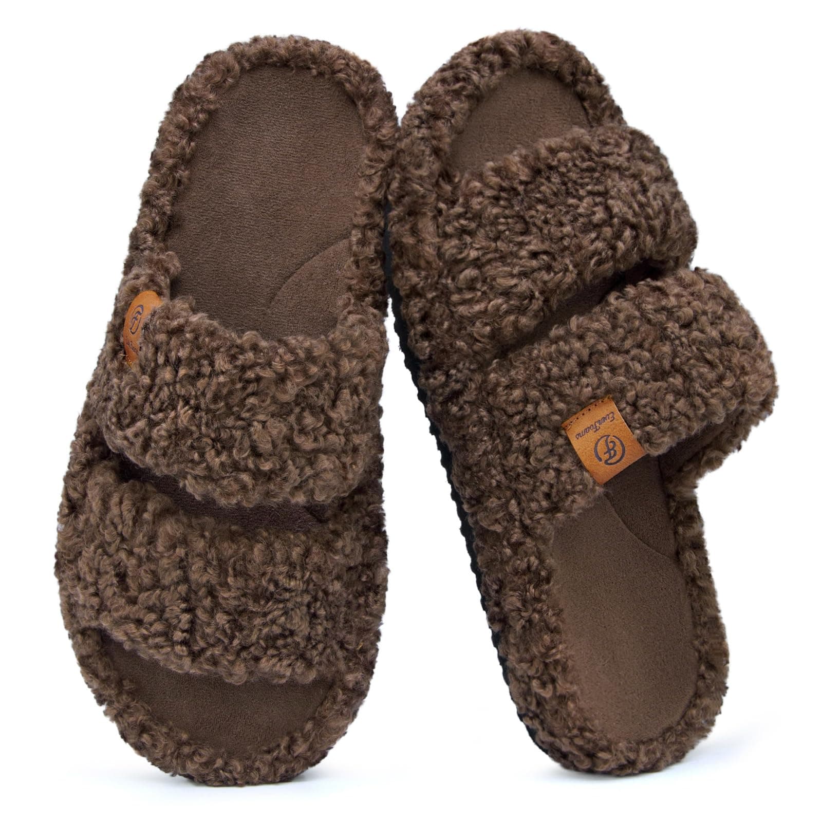 EverFoams Womens Fuzzy Open-toe Slippers Soft Comfy Memory Foam Indoor House Shoes 7-8 Elegant Mocha
