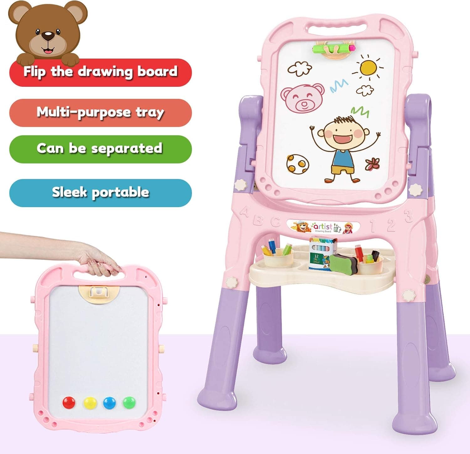 Art Easel for Kids, Adjustable Standing Rotatable Double Sided Easel with Painting Accessories for Toddlers Boys and Girls-Pink - Image 6