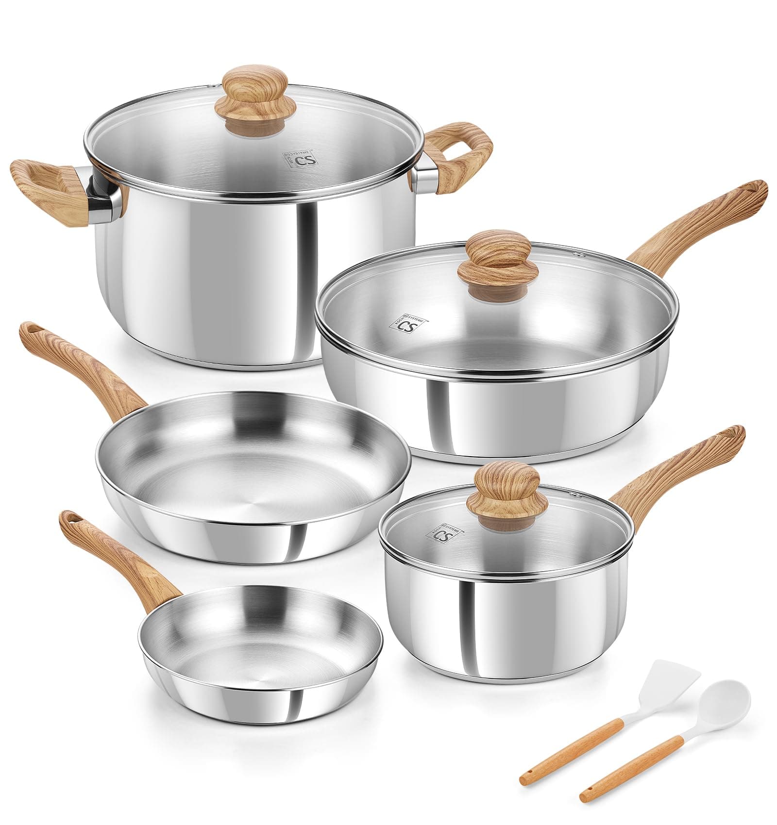 KOCH SYSTEME CS Stainless Steel Coowkare Set 10PCS, Professional 18/10 Stainless Steel Pots and Pans Set with Cool-Touch Handles, Tri-ply Base, Kitchen Cookware Sets, Cooking Set Induction Compatible 10 Pcs