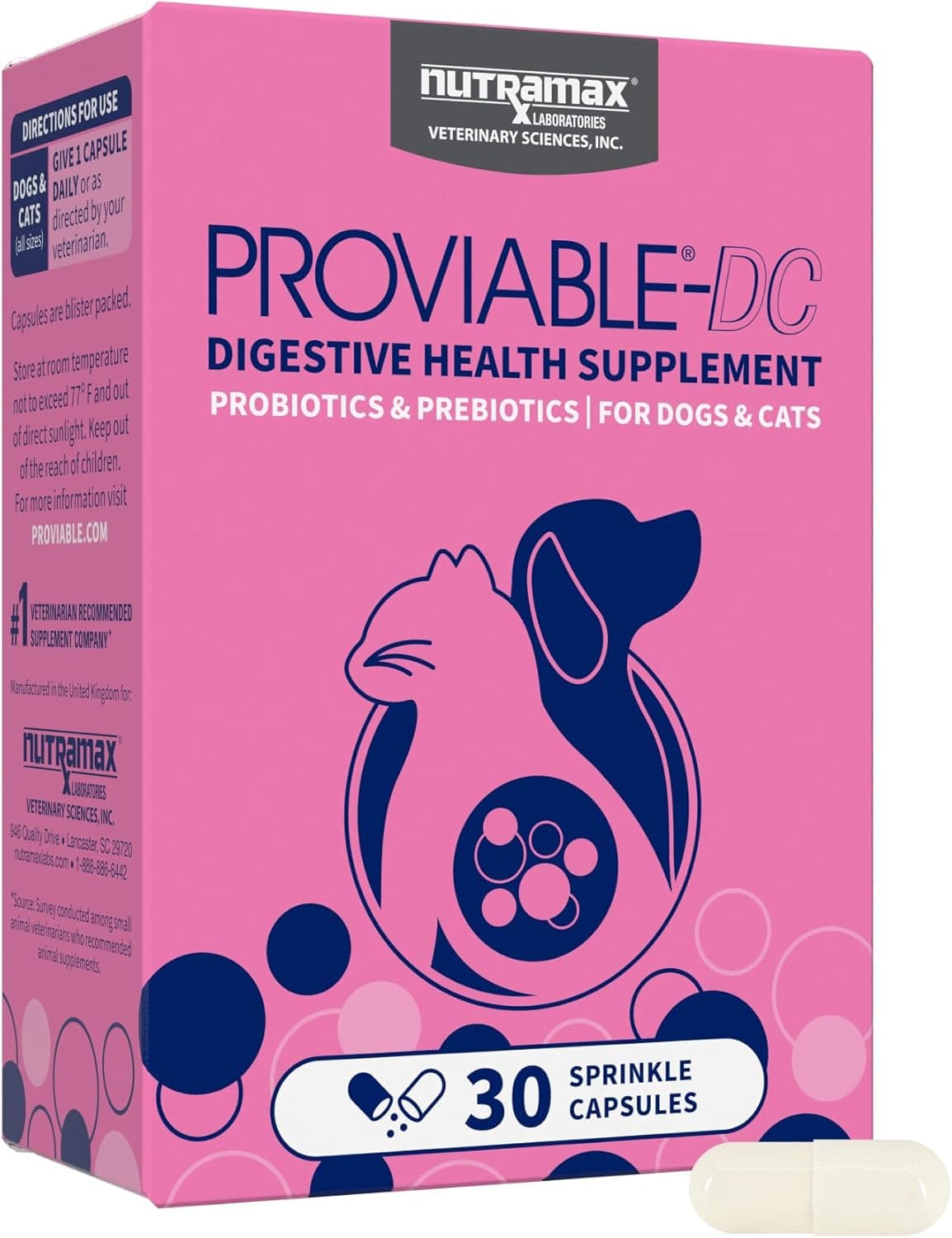 Nutramax Proviable Probiotics for Dogs and Cats, Daily Digestive Health Supplement with Multiple Strains of Bacteria, Cat and Dog Probiotics Plus Prebiotics, 30 Capsules 30 Count - Image 2