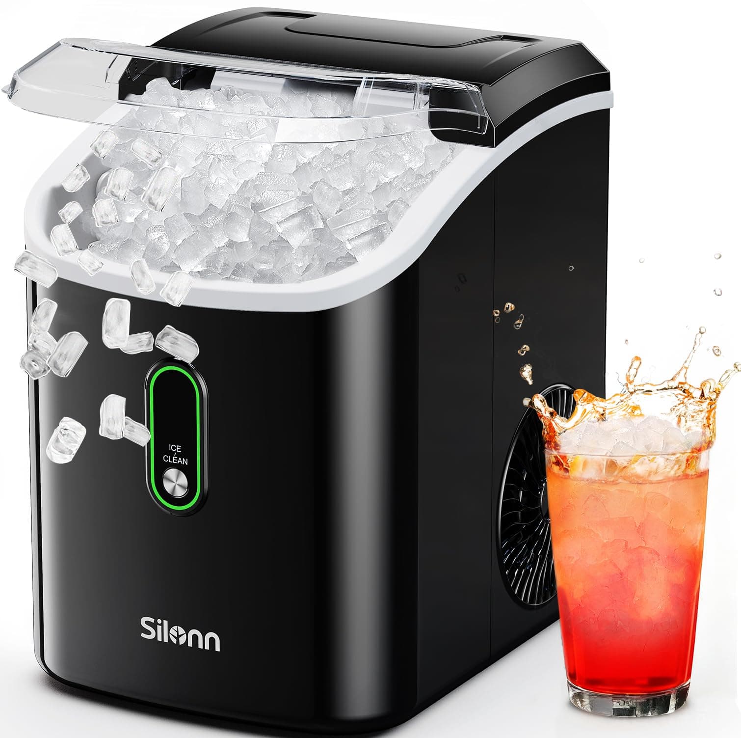 Silonn Nugget Ice Maker Countertop, Pellet Ice Machine with Self-Cleaning Function, Sonic Ice Maker Produces 33lbs of Chewable Ice in 24 Hours, Ideal for Home Kitchen and Office (Black) Black-PRO 33lbs