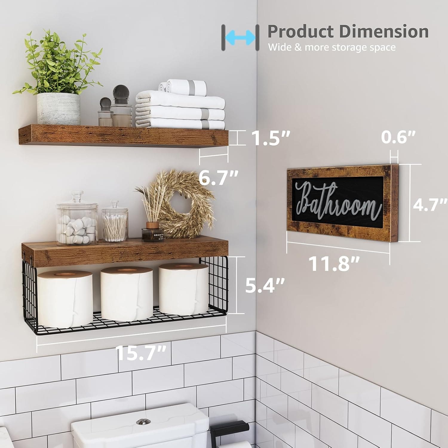 QEEIG ‎Bathroom Shelves Over Toilet - Paper Storage Wall Mounted Farmhouse Decor Decorations Aesthetic Décor Sign Small Floating Shelf 2+1 Set 16 inch, Rustic Brown (020BN) A. Brown - Image 4