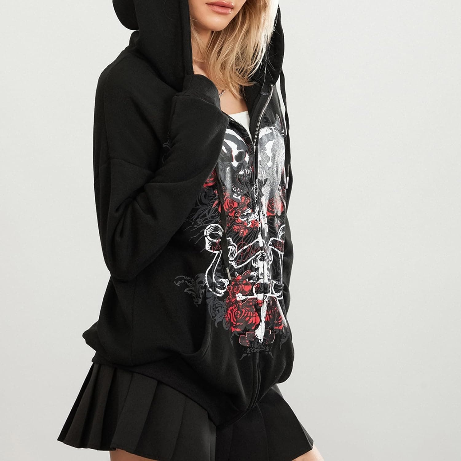 Women Y2K Skull Hoodie Graphic Zip Up Grunge Aesthetic Hoodies Casual Vintage Oversized Sweatshirt Harajuku Jacket Medium C Black - Image 5