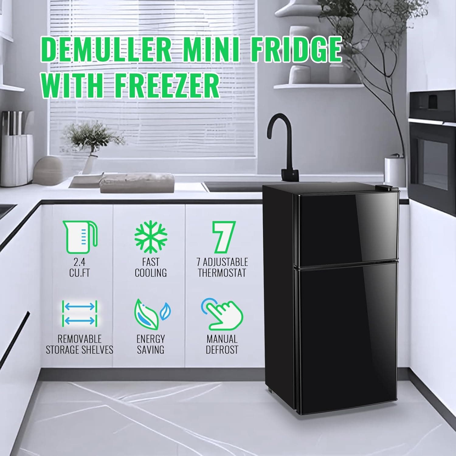 2.4 Cu.Ft Mini Fridge with Freezer & Double Door Small Tiny Size Refrigerator with 7 Temperature Control Knob Only Suitable for One Person Use Black - Image 7