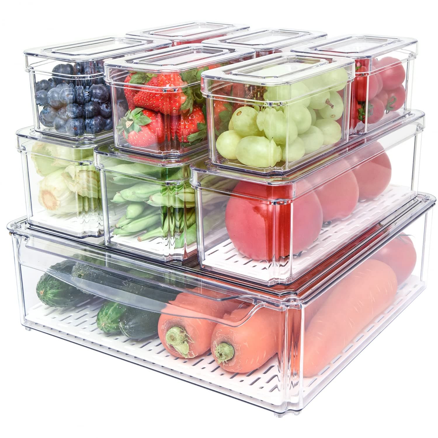 Pomeat 10 Paquete Organizador de Refrigerador, Contenedores Apilables con Tapa, Contenedores de Almacenamiento de Frutas y Verduras Sin BPA para el Refrigerador, Transparentes para Comida y Bebidas - Image 2