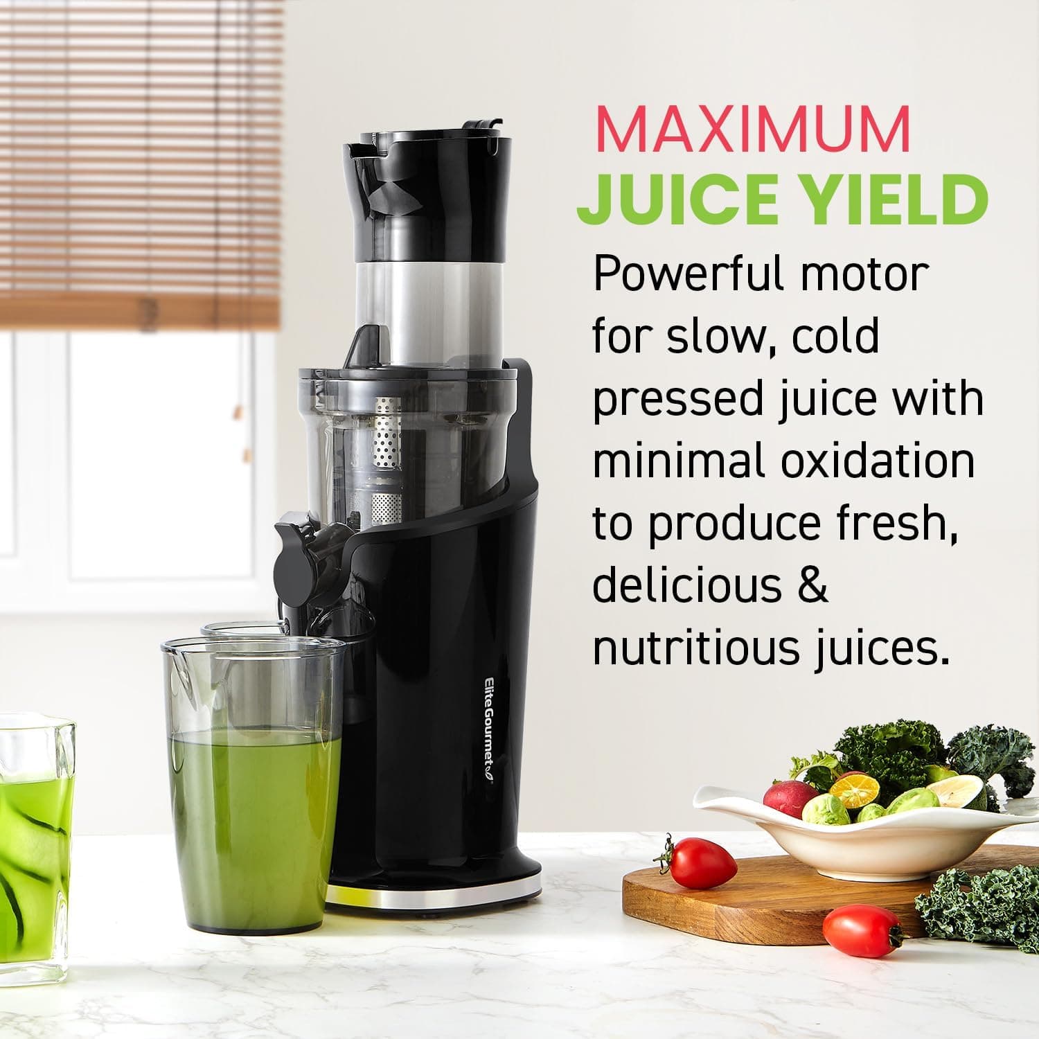 Elite Gourmet EJX017 Whole Fruit 3” Feeding Chute, Dynamic Masticating Slow Juicer, High Yield Cold Press Juice Extractor, Nutrient and Vitamin Dense, Easy to Clean, 27 oz Juice Cup, Black Black 27 ounce - Image 3