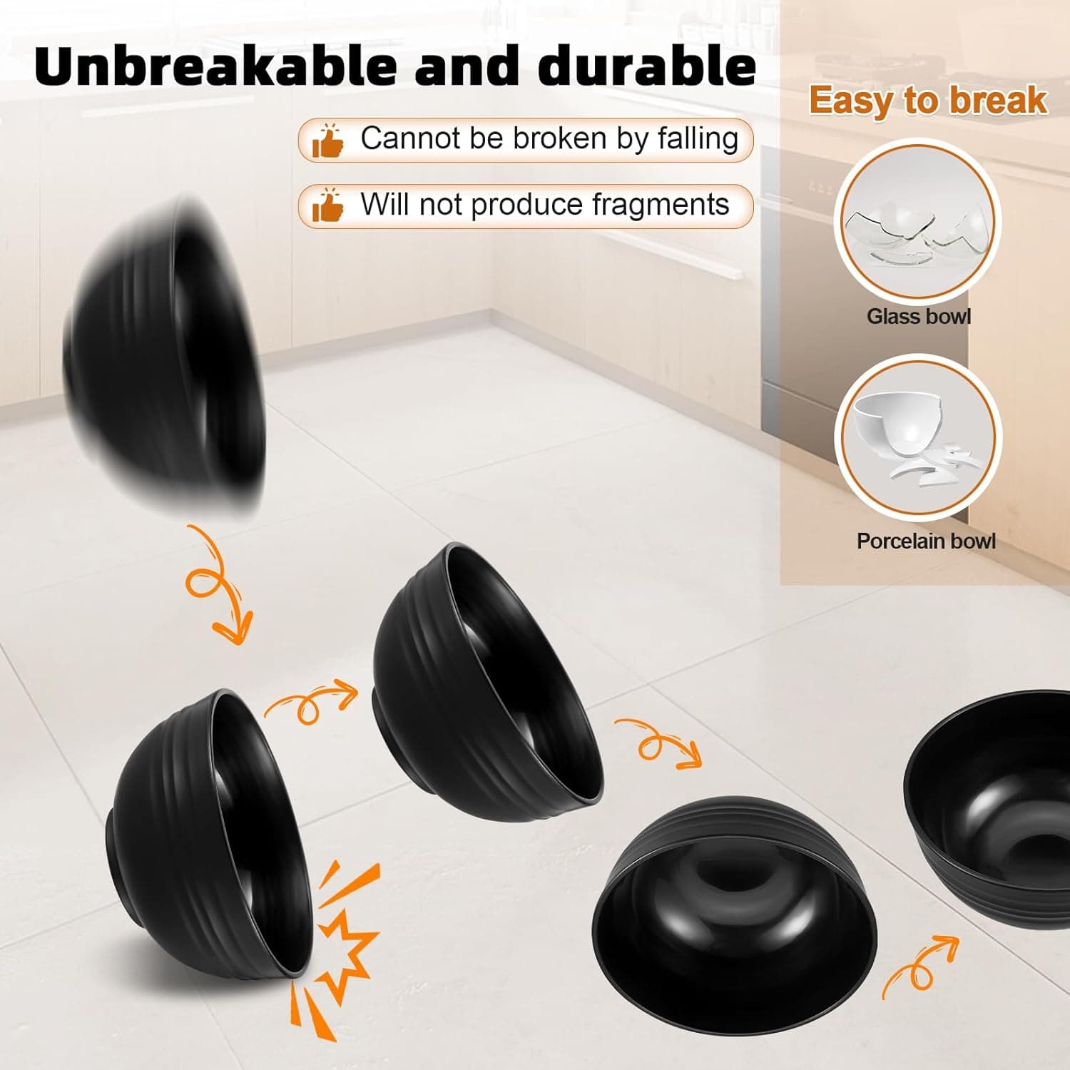 72 Pcs Plates and Bowls Sets, Unbreakable Wheat Straw Dinnerware Set Service for 8, Plastic Dish Set, Reusable Plates Bowls Cups for Kitchen, Camping, Outdoor, Dorm Microwave & Dishwasher Safe, Black - Image 6