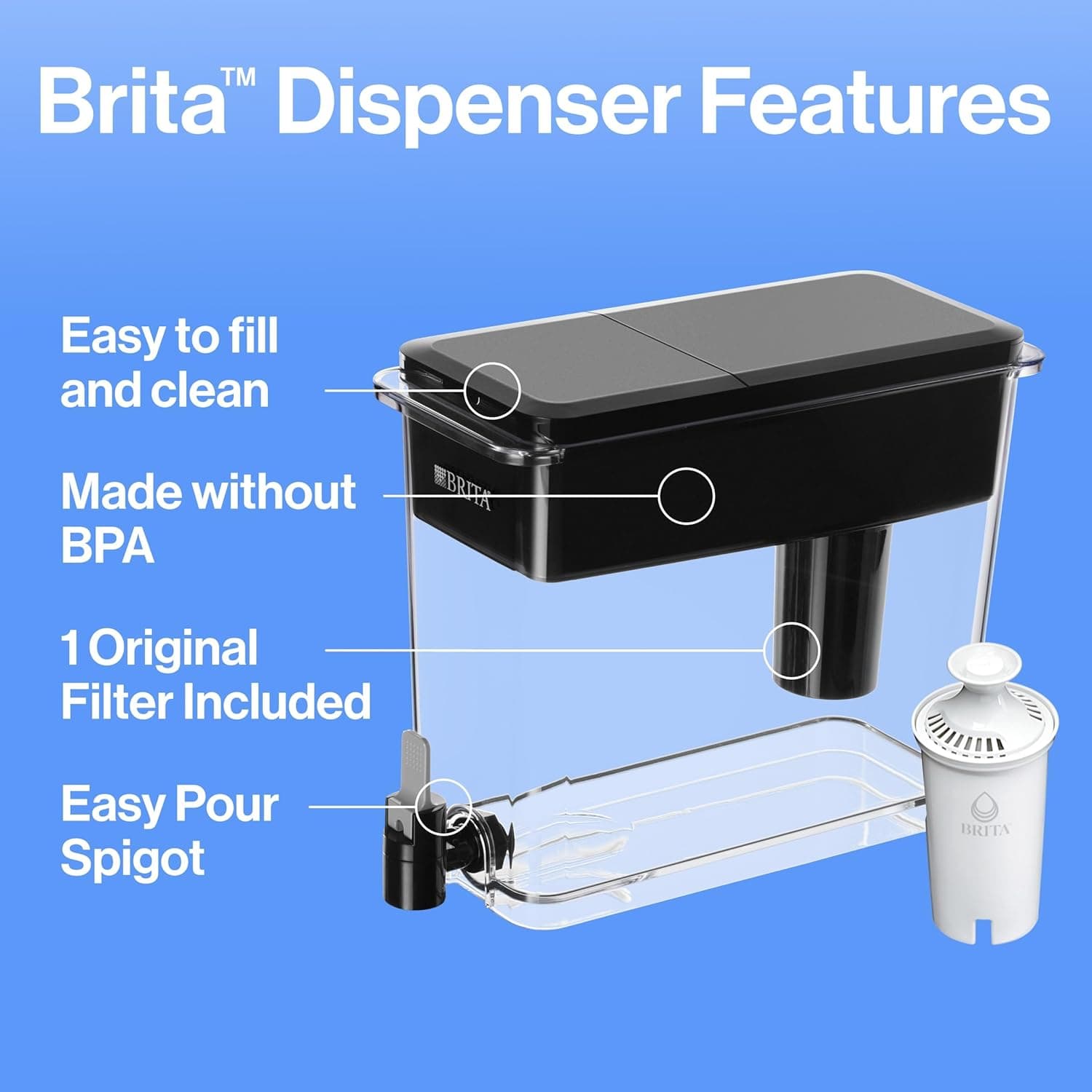 Brita UltraMax Large Water Dispenser With Standard Filter, BPA-Free, Reduces Copper, Cadmium and Mercury Impurities, Lasts 2 Months or 40 Gallons, Includes 1 Filter, Kitchen Accessories, Large 27-Cup Black Standard - Image 11